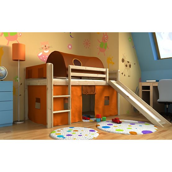 Loft bed Gabi with slide, tunnel a pockets - pine