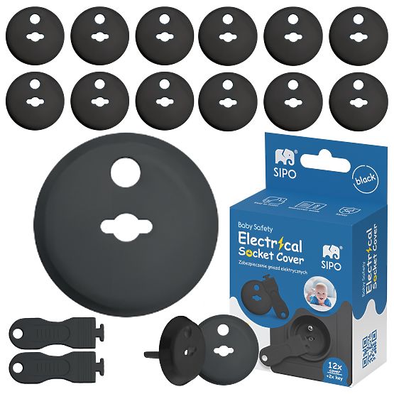 SIPO Protective covers for electric sockets, black - 12 pcs