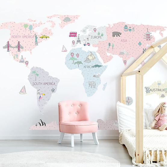 Wall sticker World map - pink