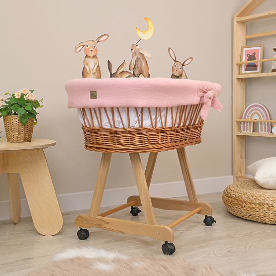 Wicker Baby Cradle with Accessories - Dusty Pink